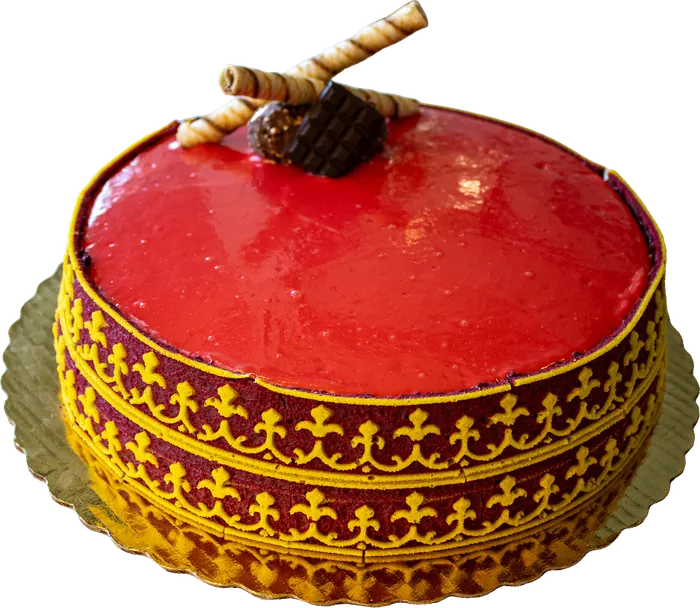 Red mirror glaze cake with a gold band