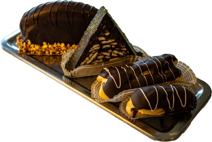 Chocolate desserts on a serving tray