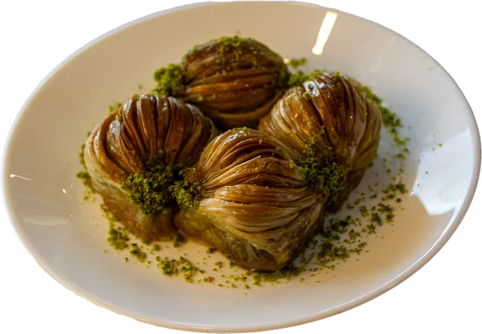 Baklava nests topped with ground pistachio