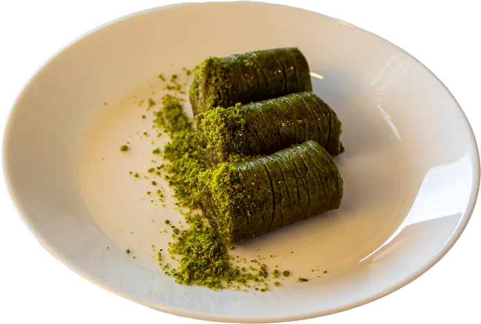 Pistachio sarma baklava on a plate